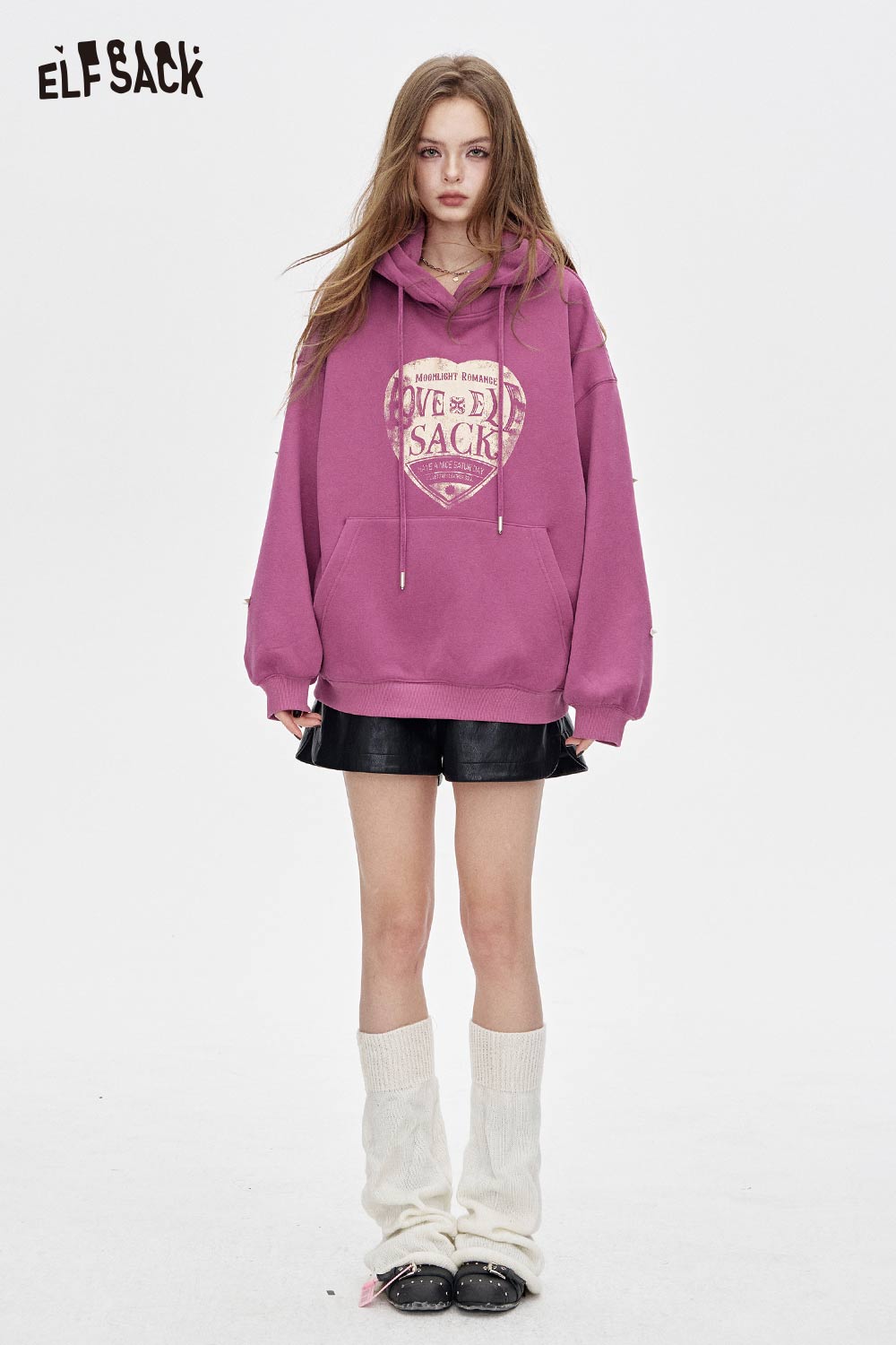 ELFSACK oversized star graphic hoodie in pink with a heart design for a trendy, casual look