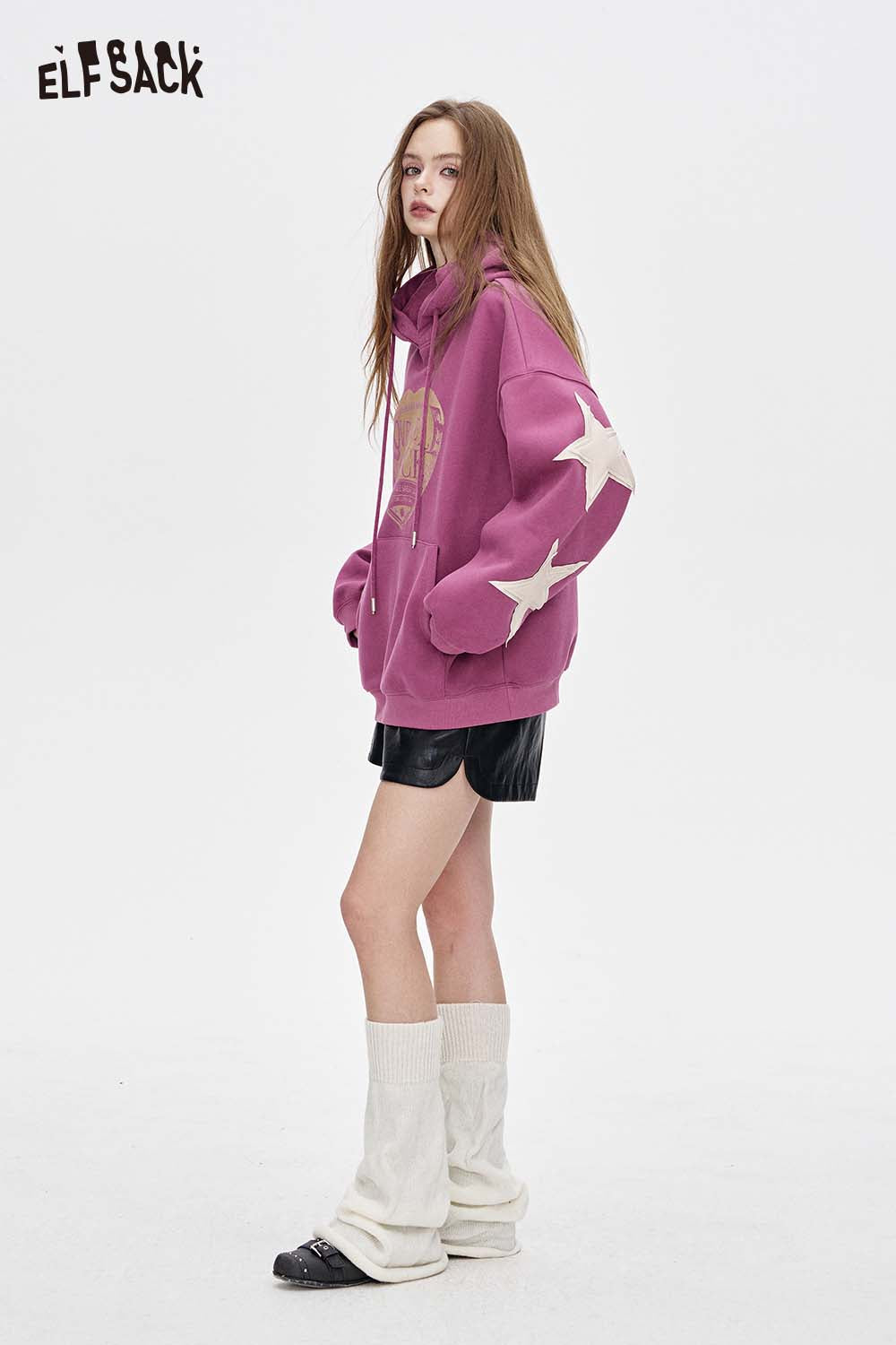 ELFSACK oversized star graphic hoodie in purple, featuring a relaxed fit and stylish design