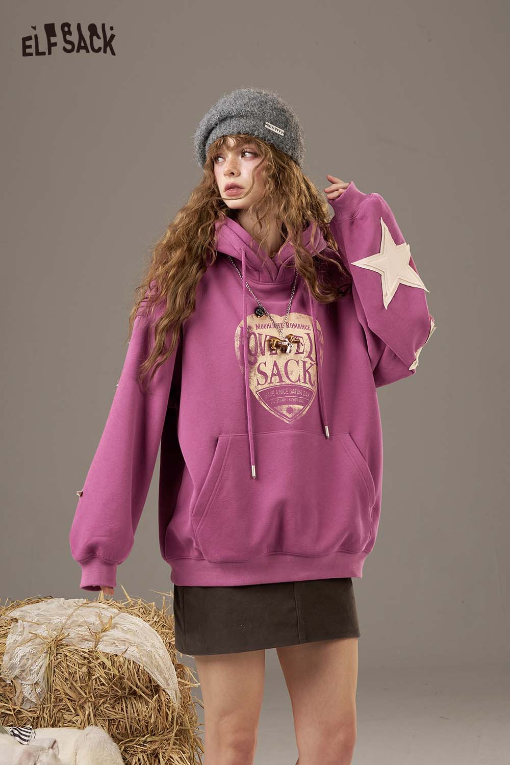 ELFSACK oversized star graphic hoodie in pink with a cozy fit and star design, perfect for casual wear