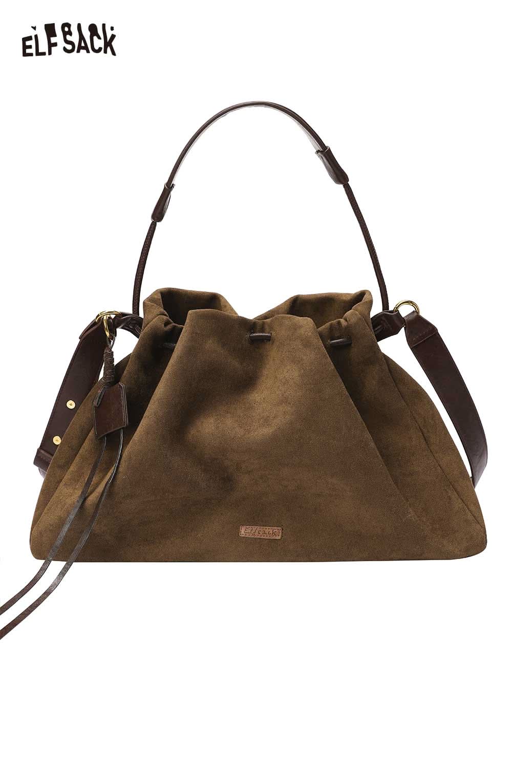 Brown ELFSACK oversized tote bag for women with adjustable straps and soft suede material