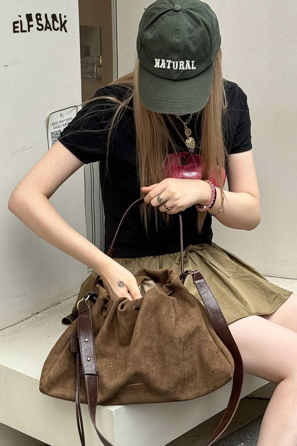 ELFSACK oversized tote bag for women in brown with adjustable leather straps for stylish everyday use