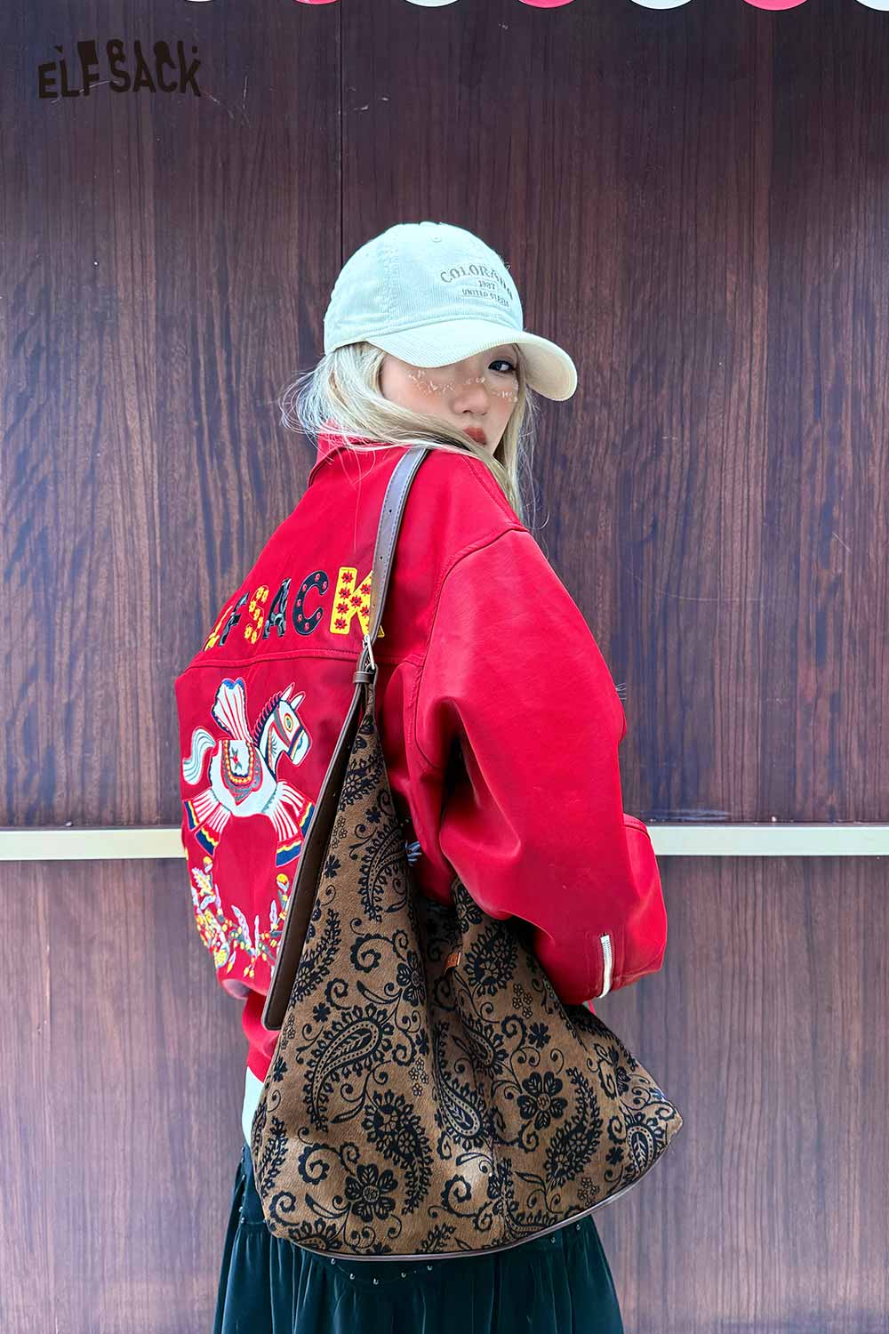 ELFSACK paisley crossbody bag for women styled with a red jacket and casual outfit