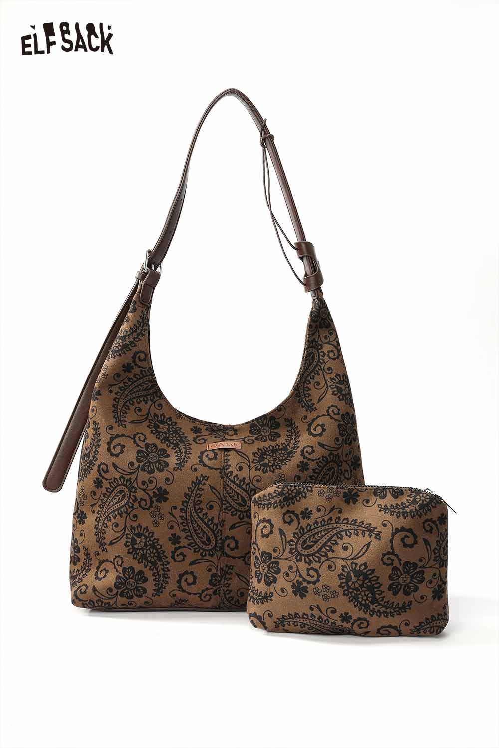ELFSACK paisley crossbody bag for women in brown with black paisley print and matching pouch
