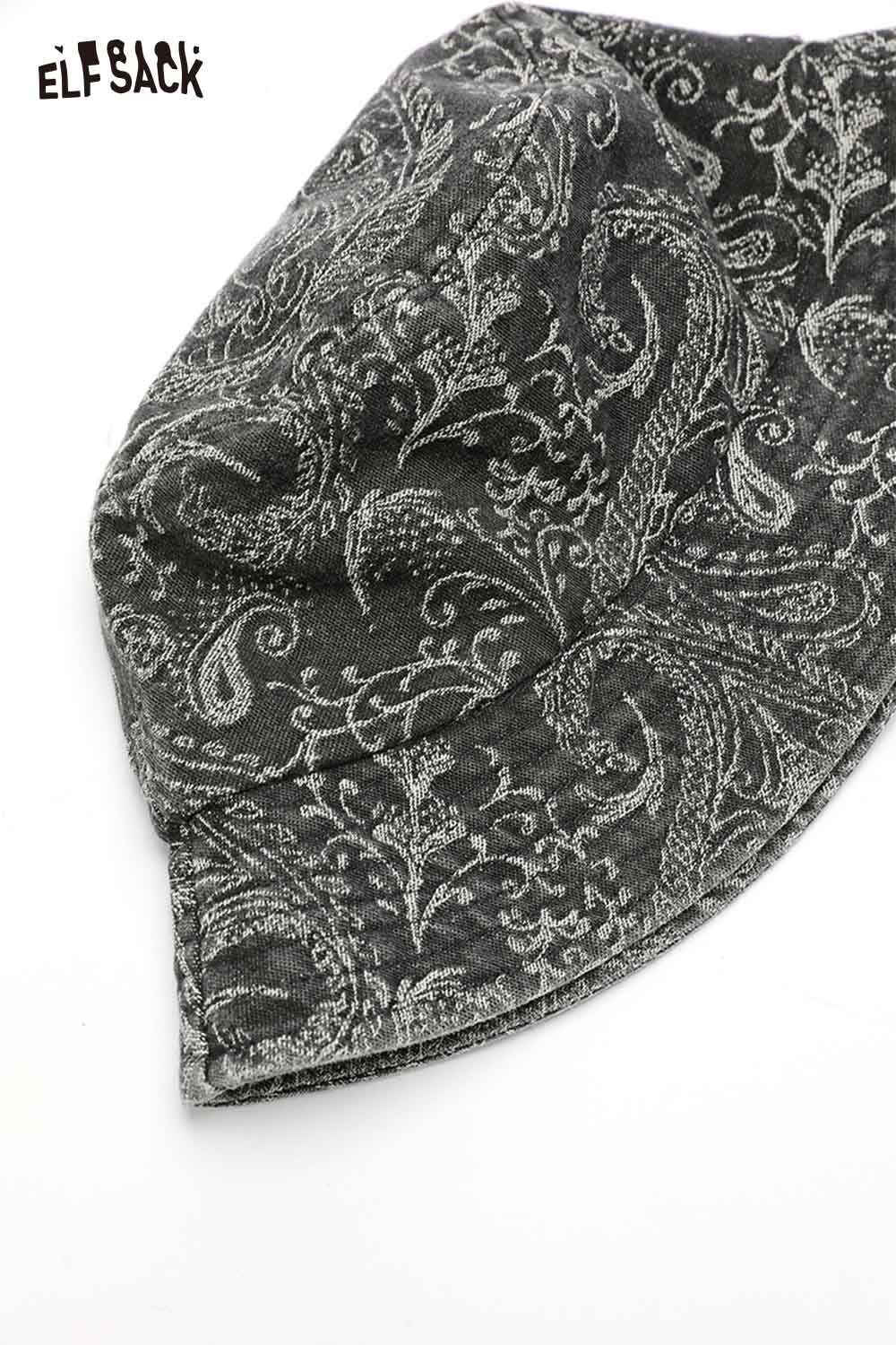 ELFSACK paisley print bucket hat for women in gray with elegant floral design