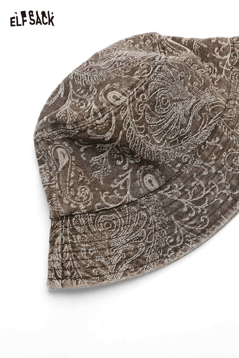 ELFSACK paisley print bucket hat for women in brown with intricate design patterns