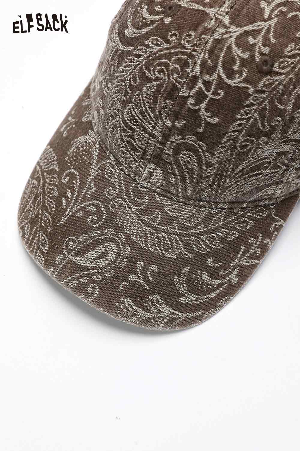 Brown paisley print bucket hat for women designed by ELFSACK with intricate floral patterns