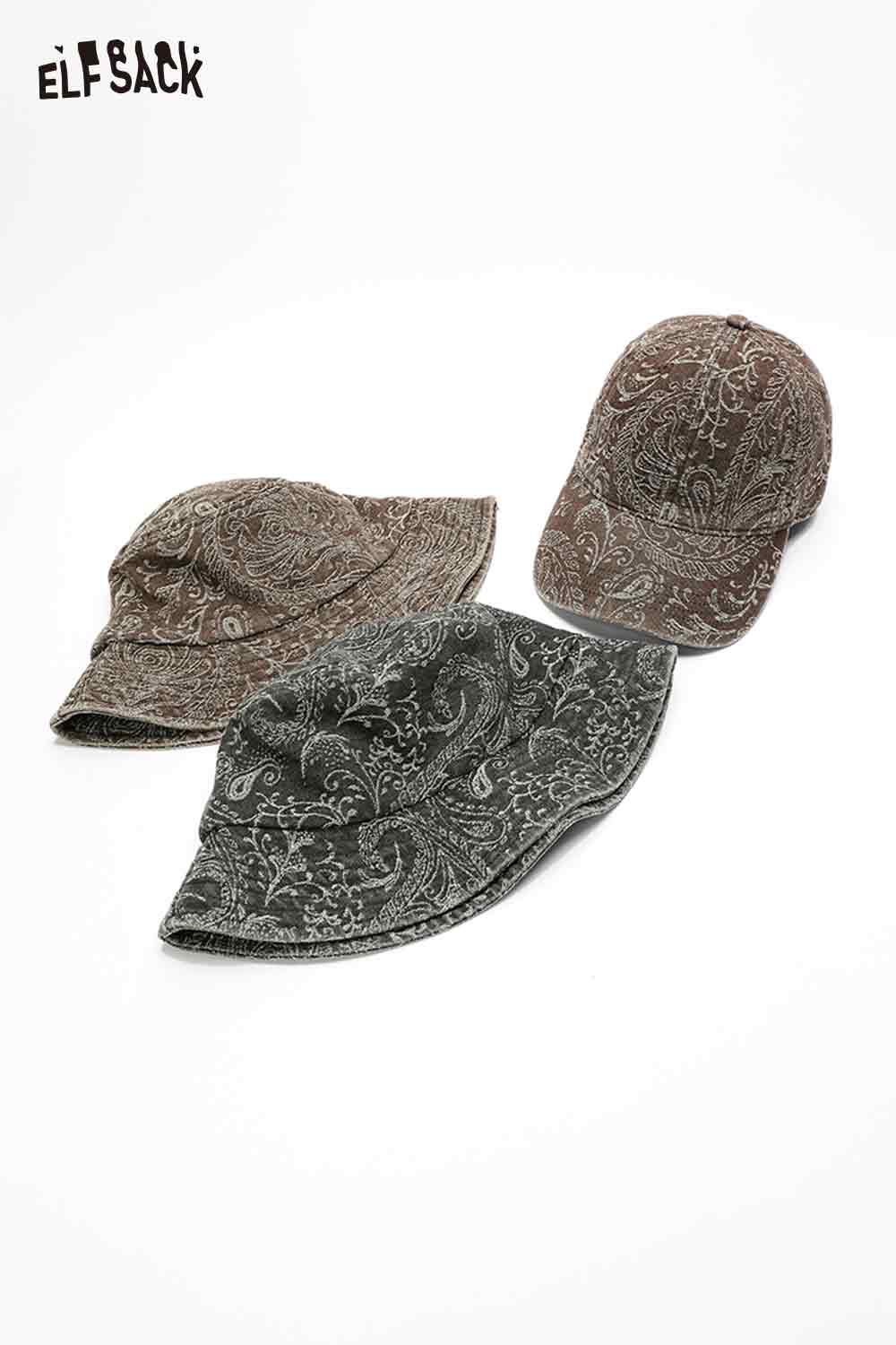 ELFSACK paisley print bucket hat for women in grey and brown fabric options