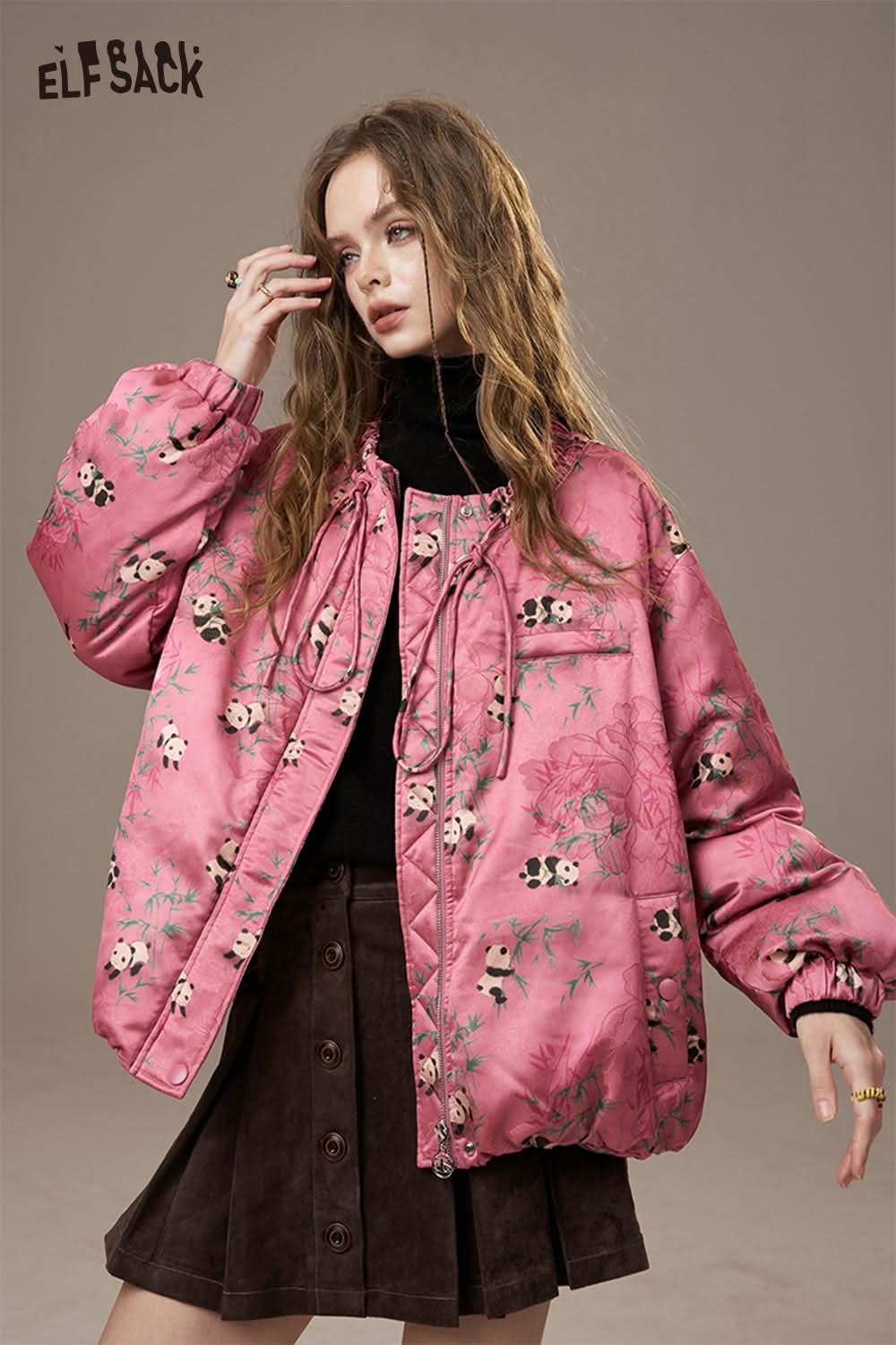 ELFSACK pink panda bamboo print down jacket with floral design and relaxed fit for casual style