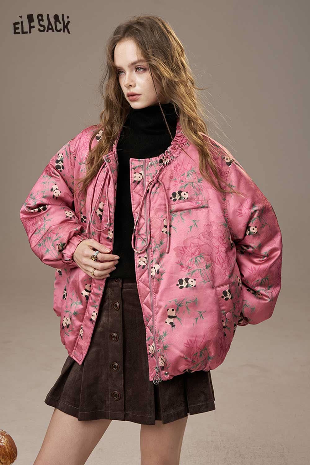 ELFSACK pink panda bamboo print down jacket featuring a cozy design and floral accents