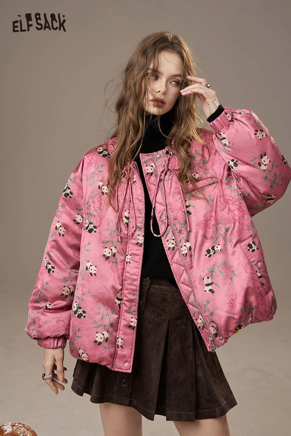 ELFSACK pink panda bamboo print down jacket with floral design and oversized fit, perfect for stylish comfort