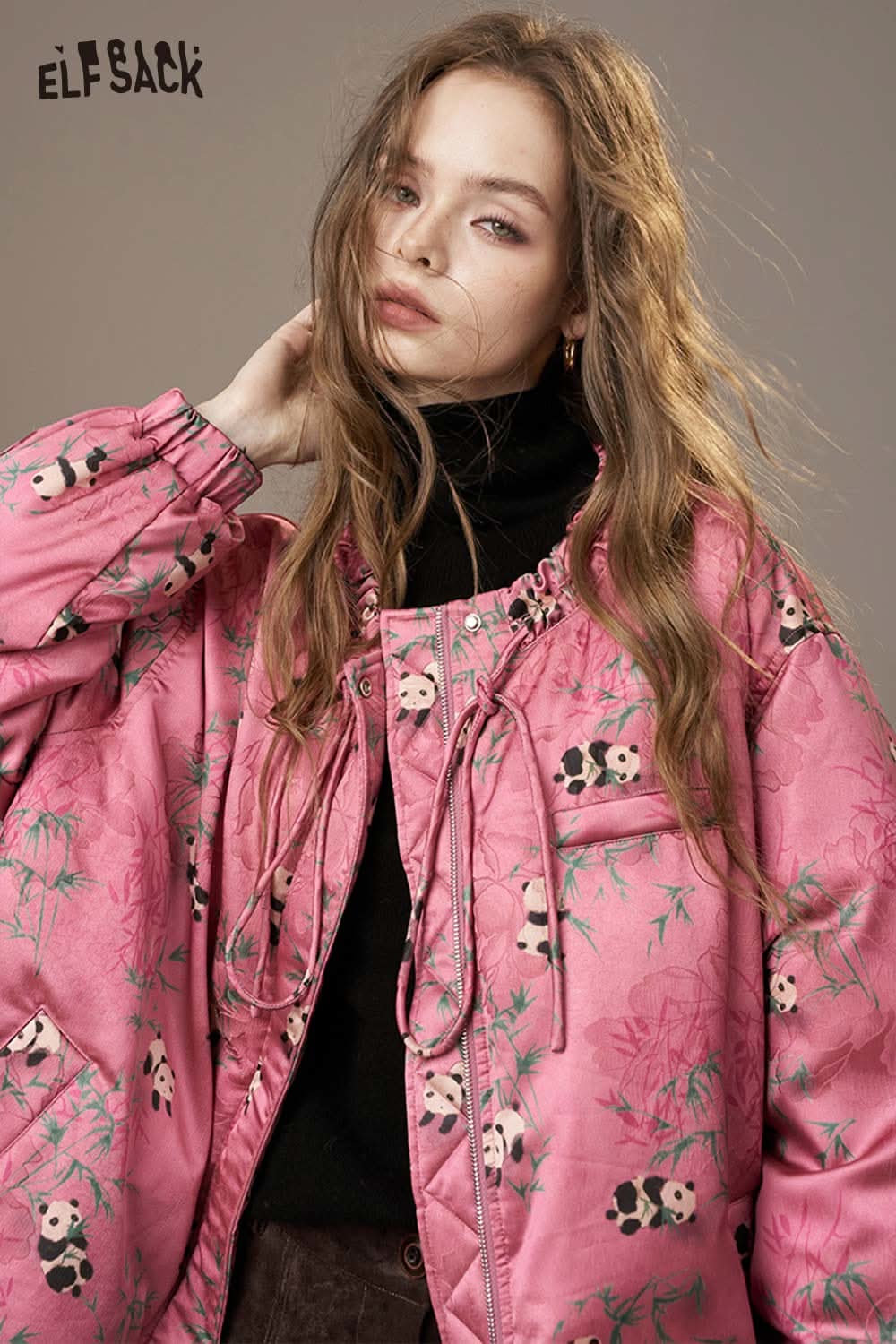 ELFSACK pink panda bamboo print down jacket with floral design and drawstring detail