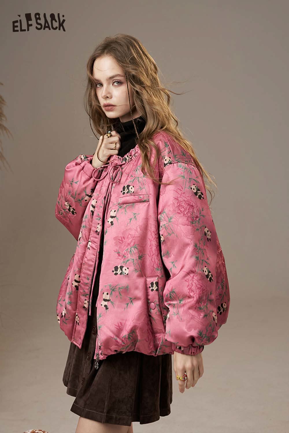 ELFSACK panda bamboo print down jacket in pink with floral design perfect for stylish winter wear