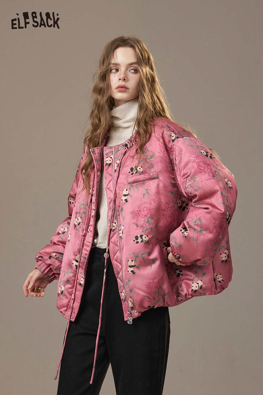 ELFSACK pink down coat featuring a panda bamboo print down jacket with floral designs