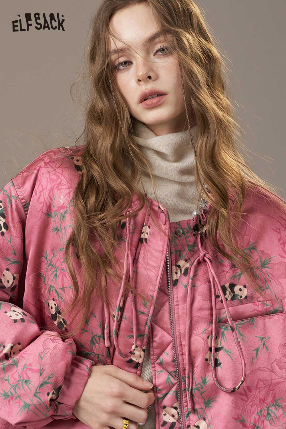 ELFSACK panda bamboo print down jacket in pink with a stylish design and soft material