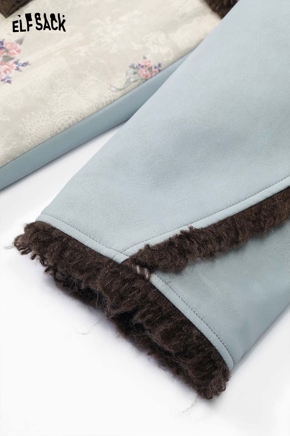 ELFSACK patchwork plush trim coat featuring soft fabric and detailed stitching for stylish layering