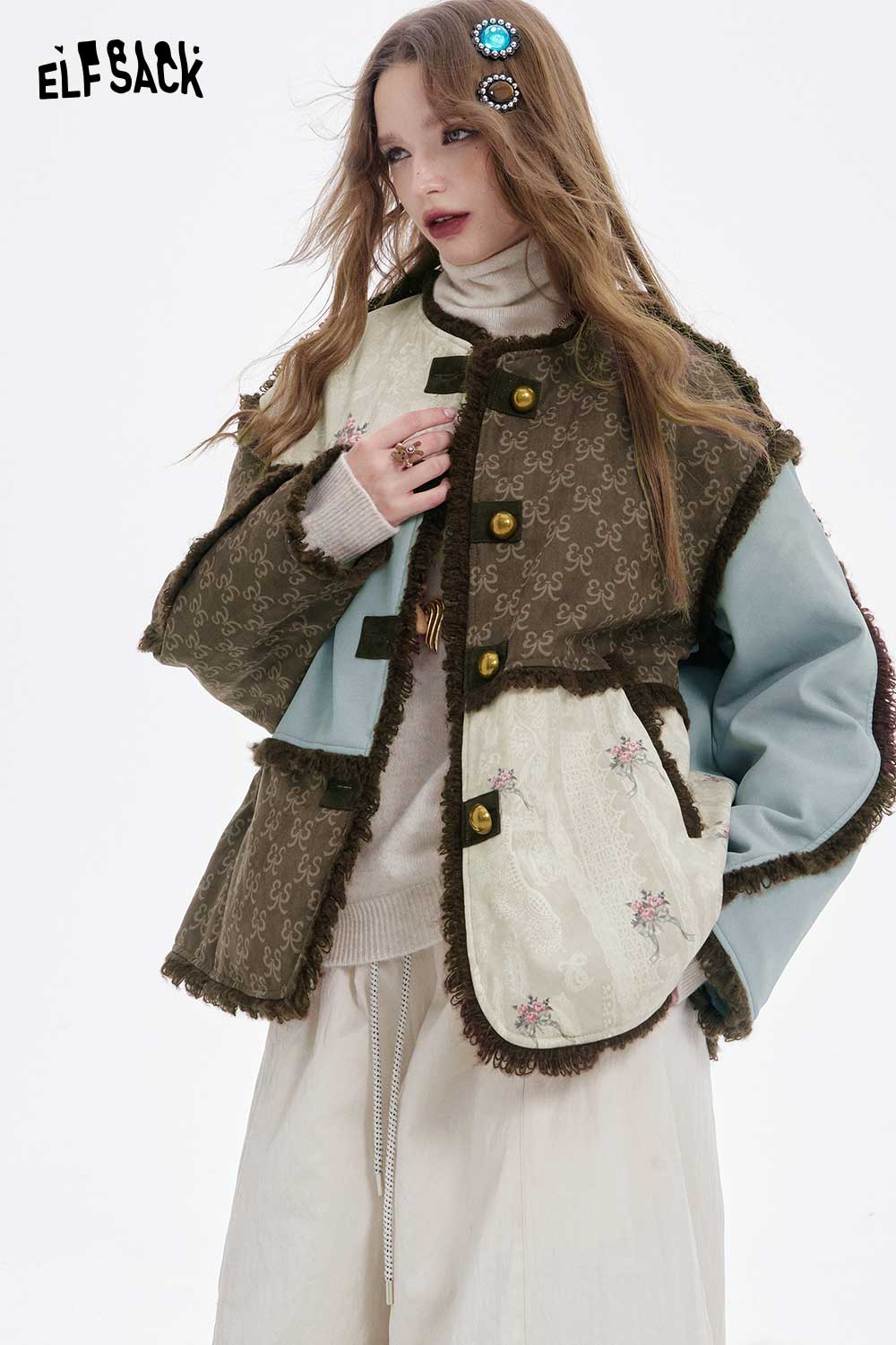 ELFSACK patchwork plush trim coat featuring unique fabric panels and decorative buttons for a stylish look