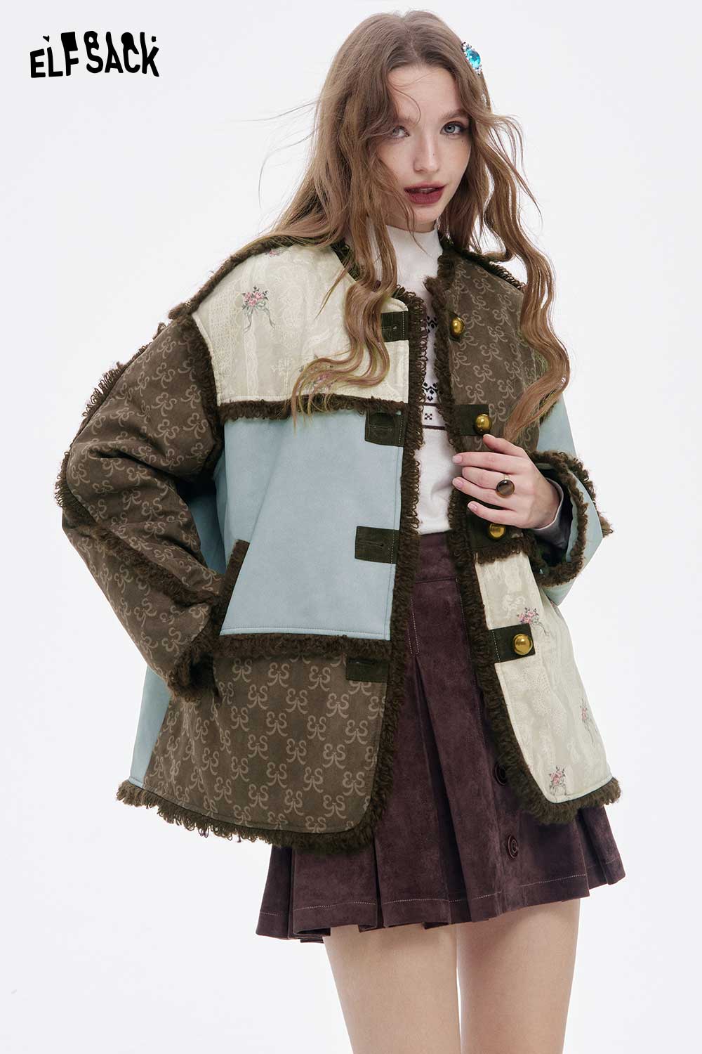 ELFSACK patchwork plush trim coat with unique fabric designs and button details for a stylish winter look