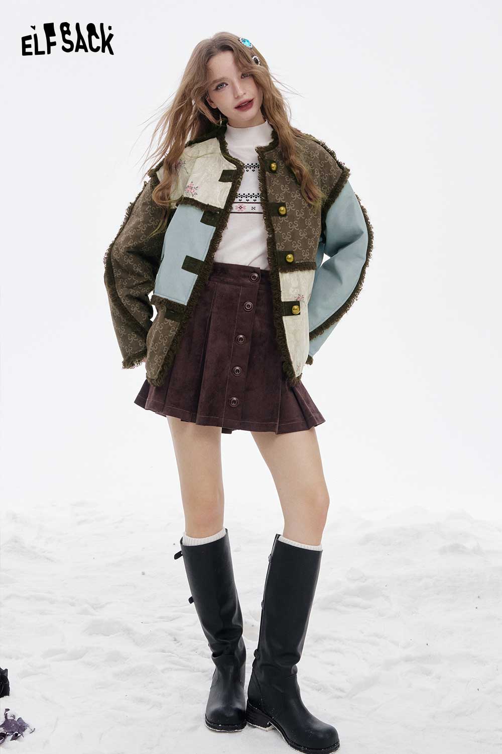 ELFSACK patchwork plush trim coat in unique colors, paired with a stylish skirt and knee-high boots