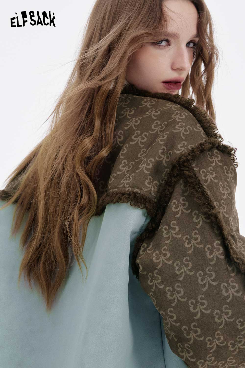 ELFSACK patchwork plush trim coat in green and brown with a stylish design for a cozy look