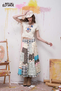 Patchwork Tiered Maxi Skirt with Buttons