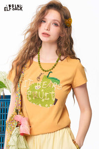 ELFSACK Pear Embroidery Hollow Neck Crop Tee