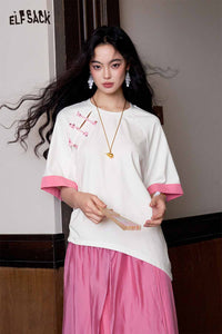 Pearl Button Asymmetrical Patchwork Tee