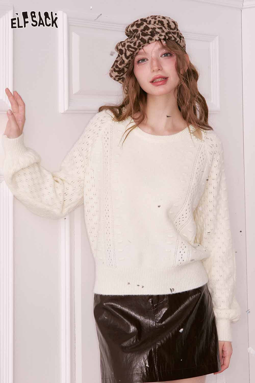 ELFSACK pearl embellished cropped sweater in cream with a stylish design and knitted texture