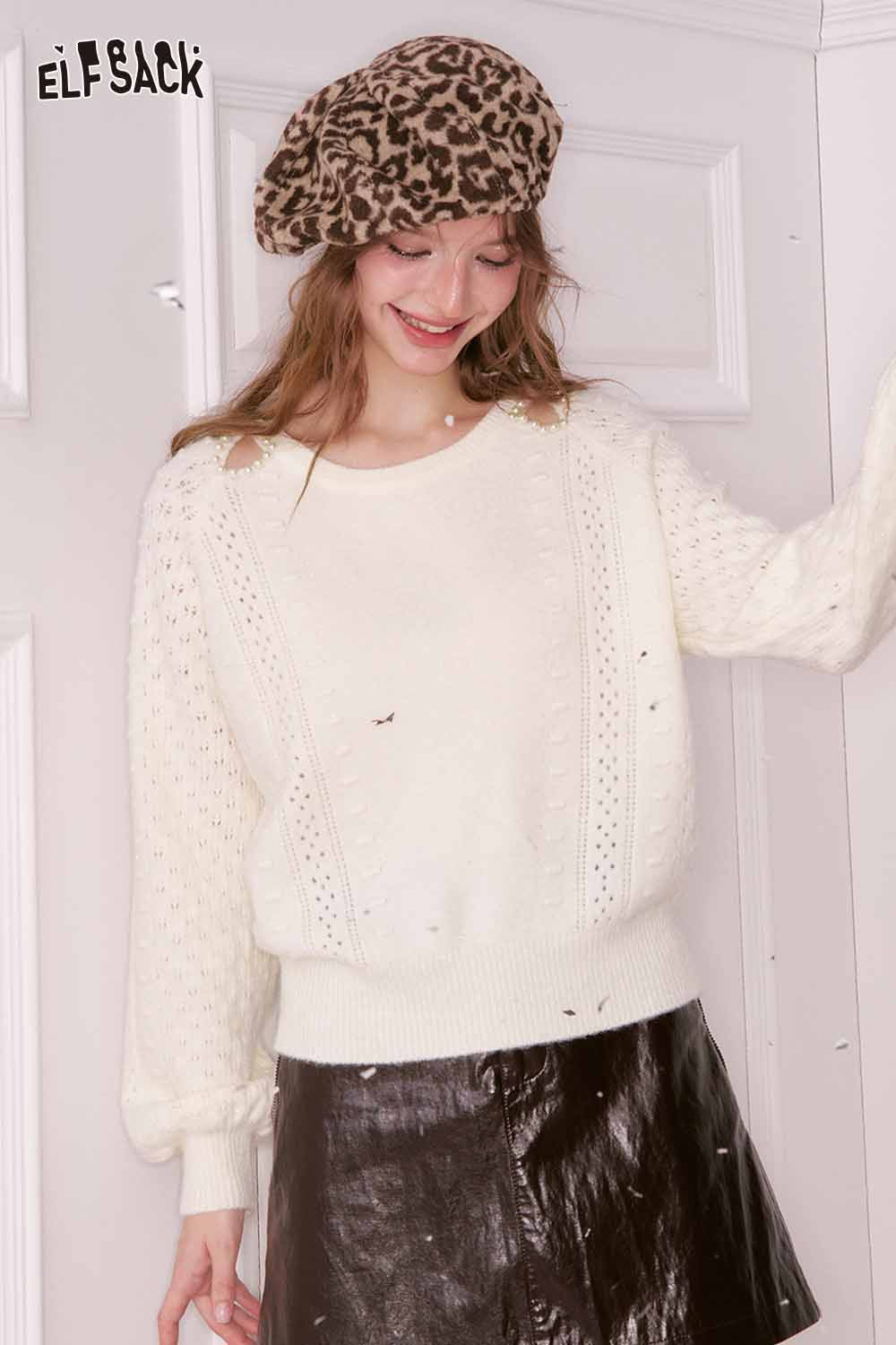 ELFSACK pearl embellished cropped sweater with intricate details and puff sleeves for a stylish look