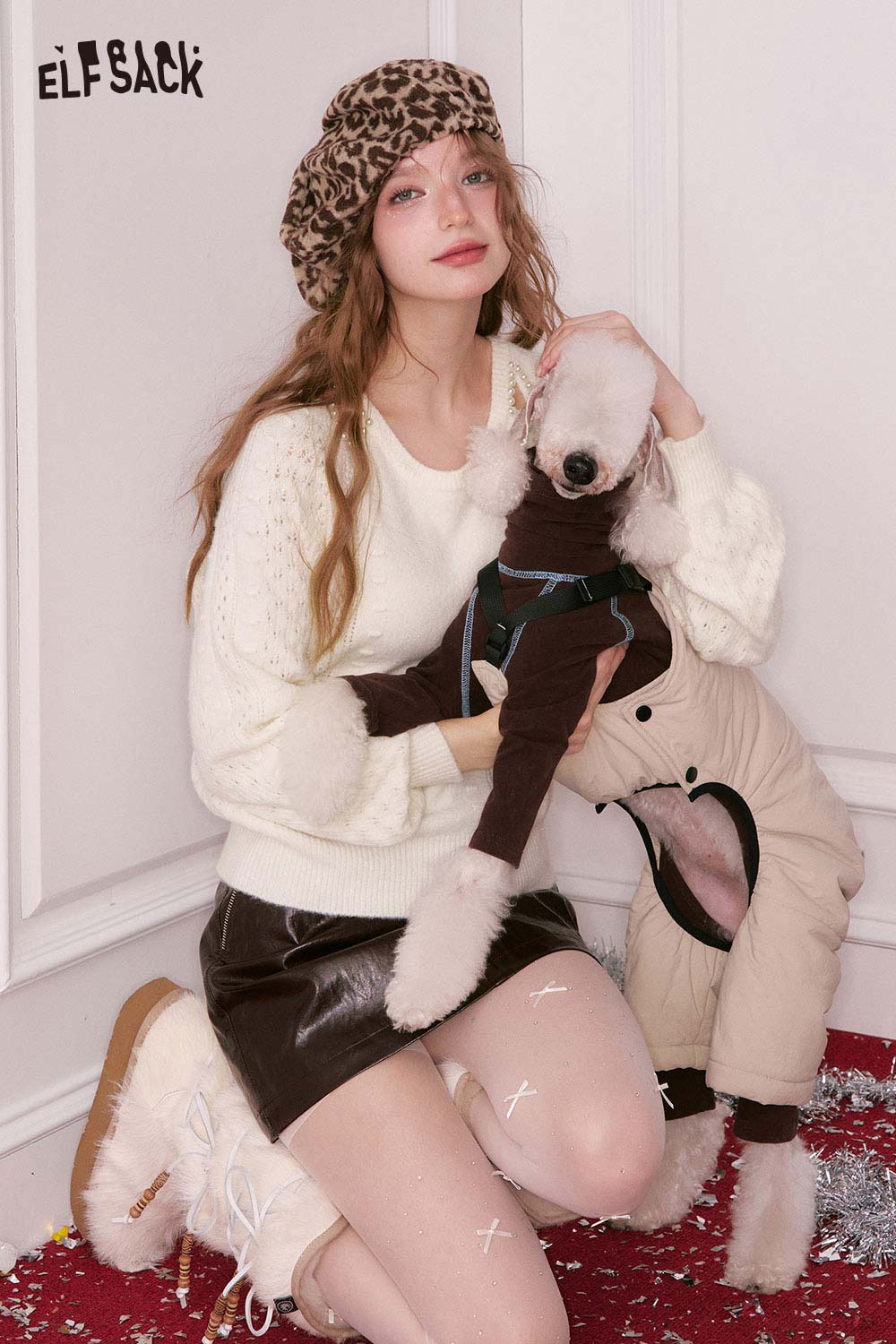 ELFSACK pearl embellished cropped sweater styled with a model and her dog in fashionable outfits
