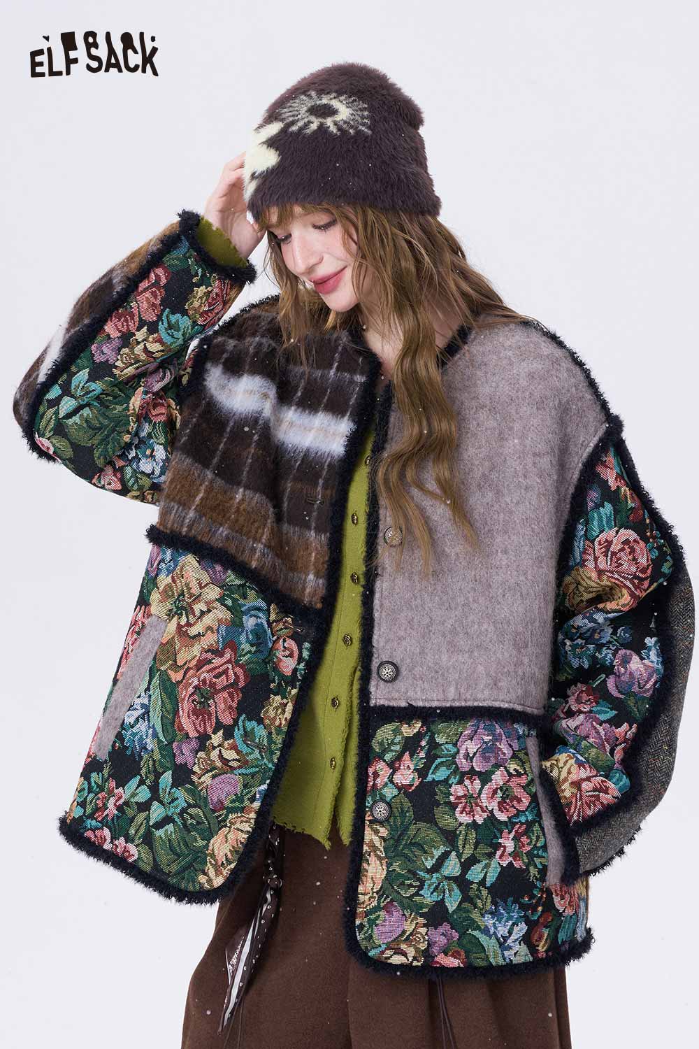 ELFSACK women's stylish knitwear featuring a cozy peter pan collar knit sweater in floral patterns