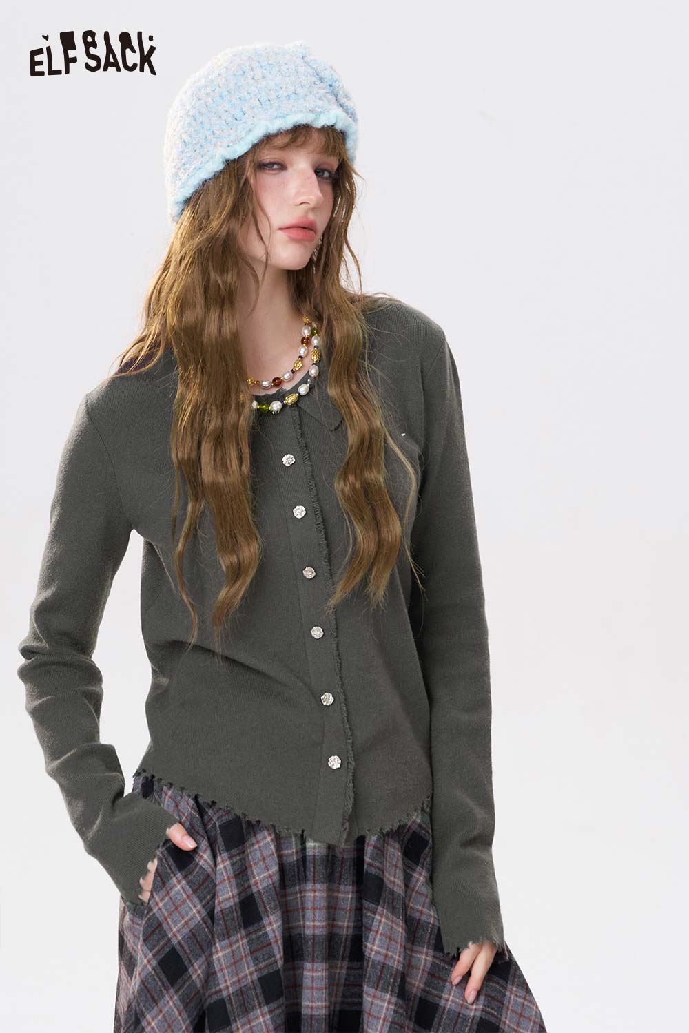 ELFSACK Peter Pan Collar Knit Sweater in Olive Green with Button Front Design