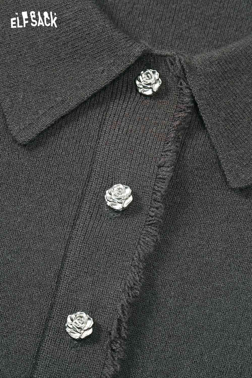 ELFSACK Peter Pan Collar Knit Sweater with Unique Rose Button Details for Chic Style