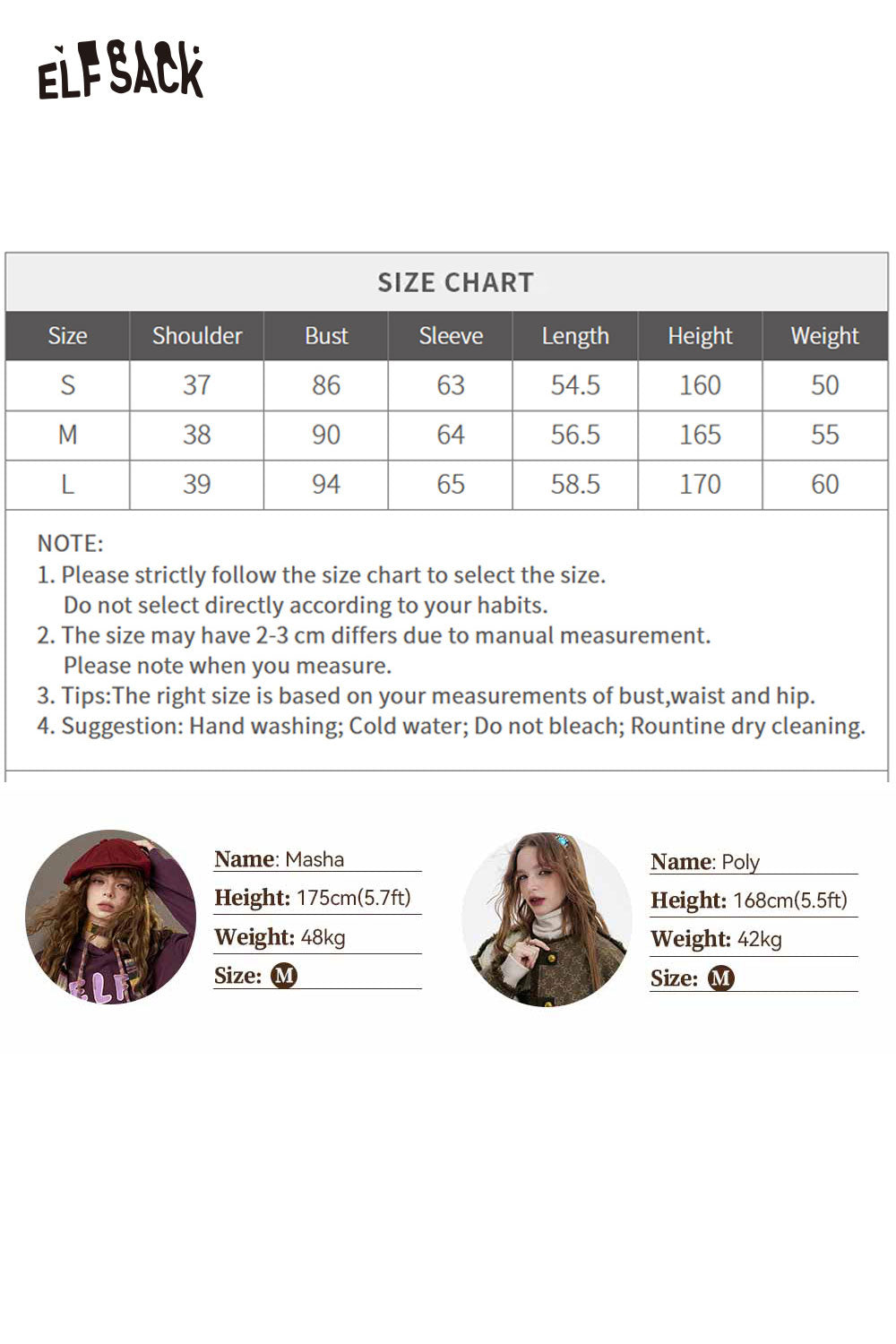 ELFSACK women's peter pan collar knit sweater in stylish design with size chart for perfect fit