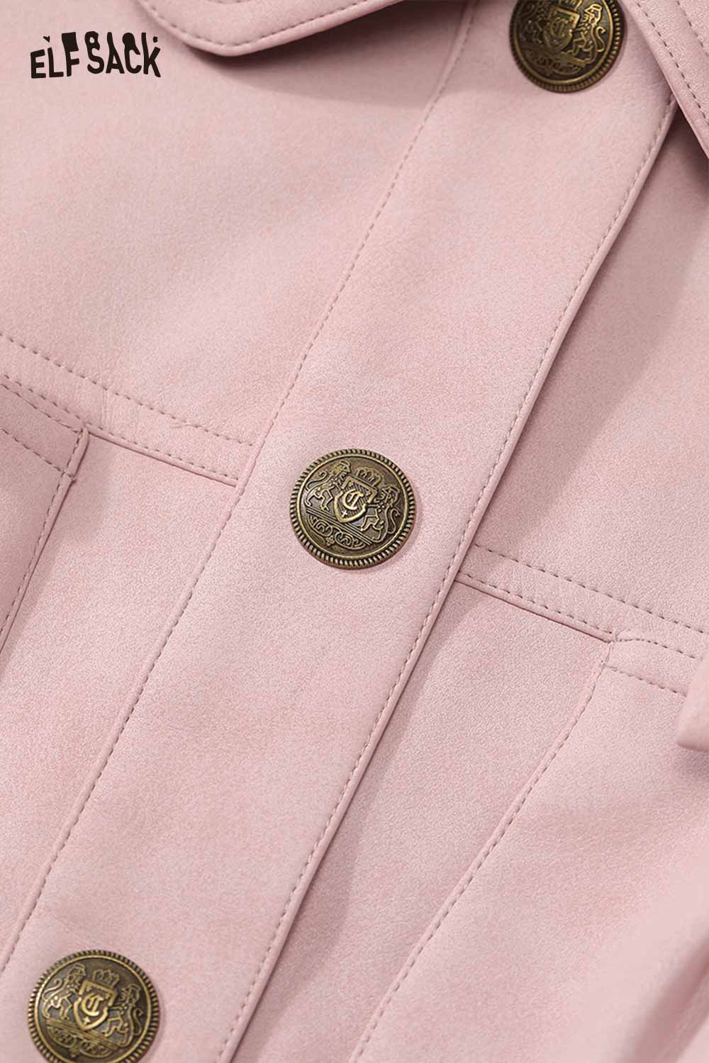 Close-up of ELFSACK pink faux leather motocross jacket featuring gold buttons and stylish stitching