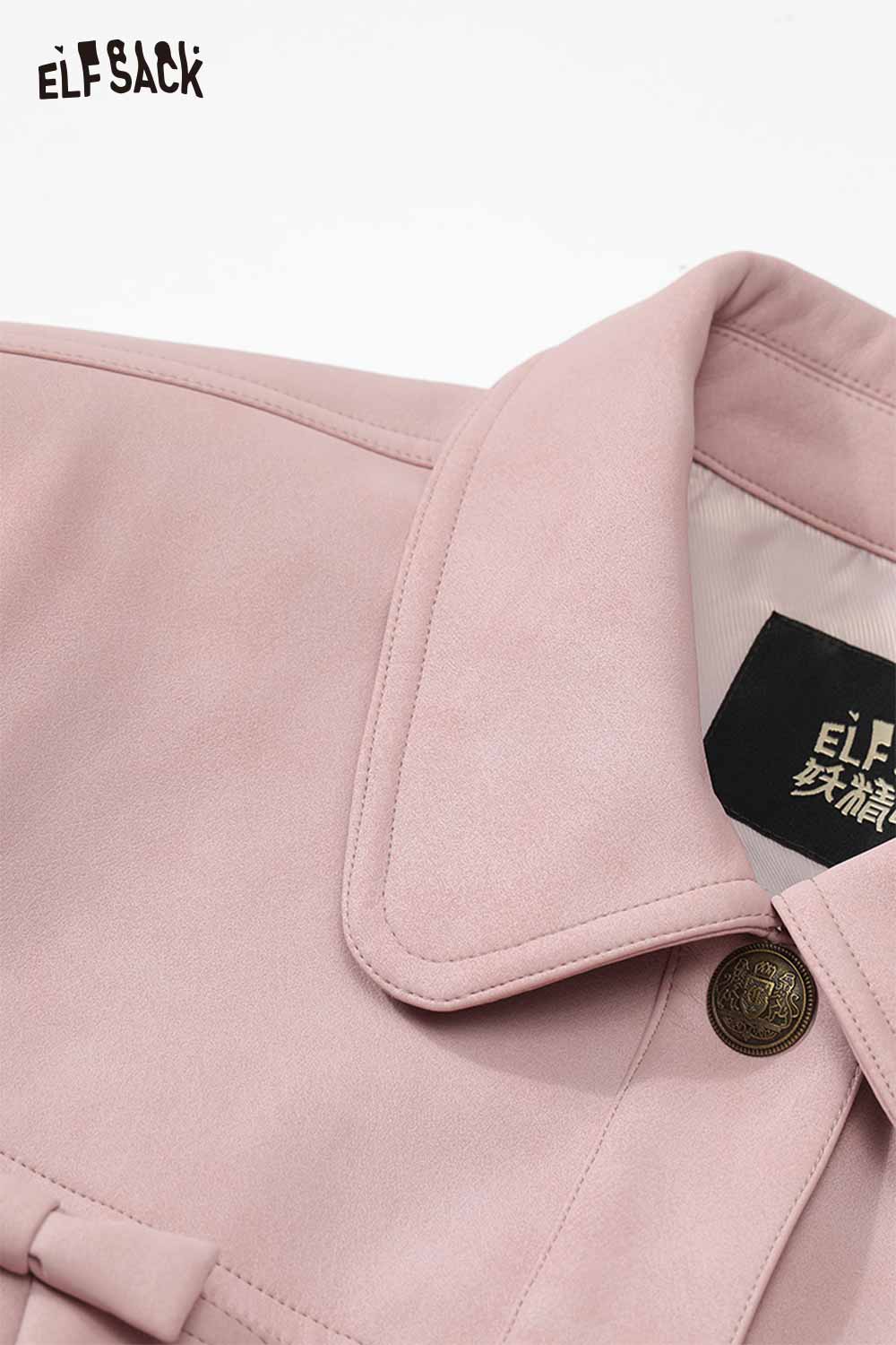 Close-up of ELFSACK pink faux leather motocross jacket highlighting collar and button details