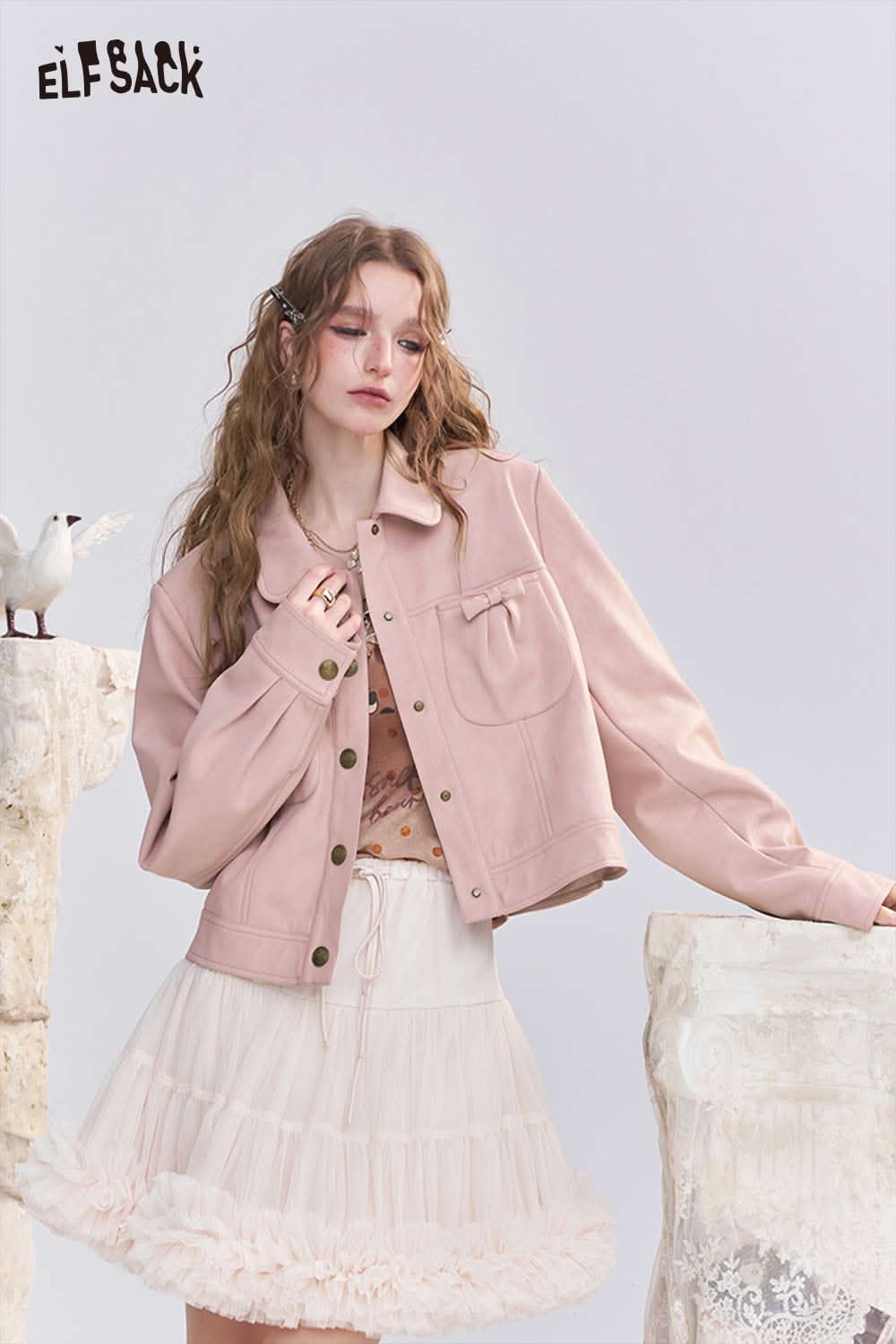 ELFSACK pink faux leather motocross jacket with a stylish design for trendy outfits