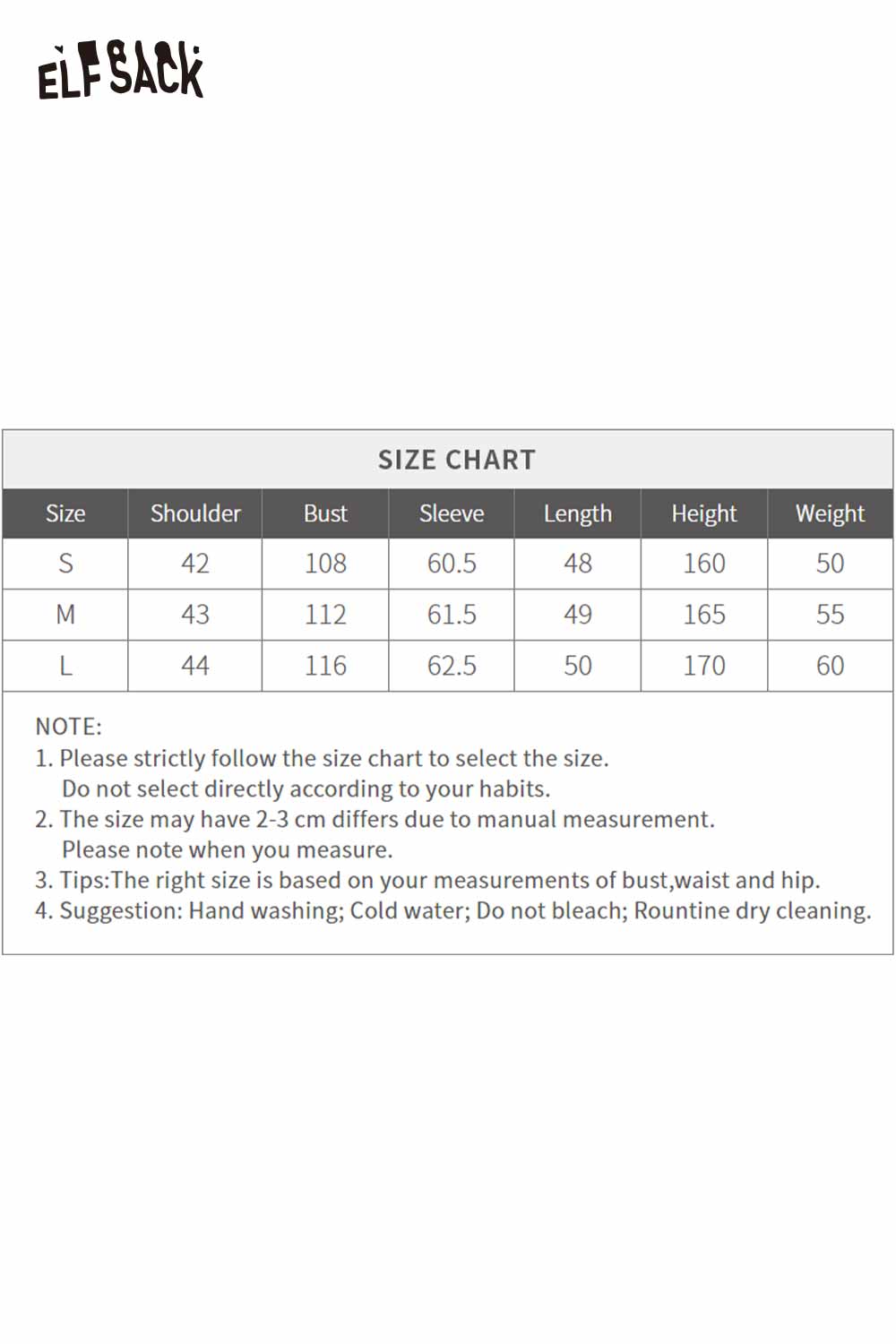 Size chart for ELFSACK pink faux leather motocross jacket with measurements for small, medium, and large sizes