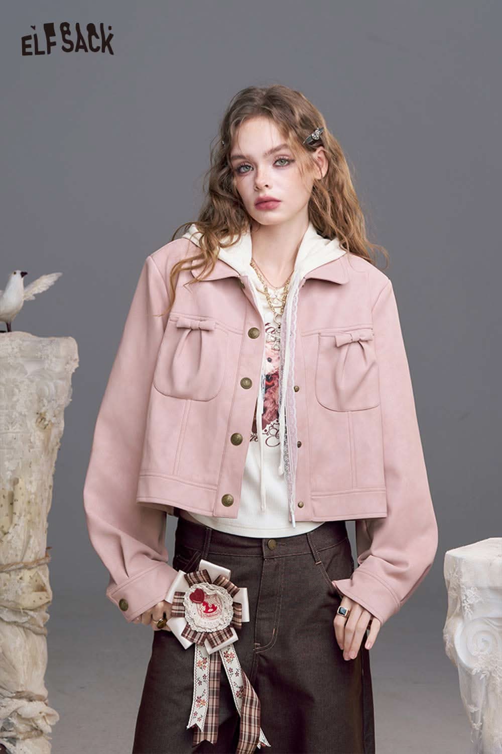 ELFSACK pink faux leather motocross jacket with cropped design and button detail for a stylish look