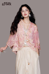 Pink Jacquard Chiffon Beaded Gothic Blouse