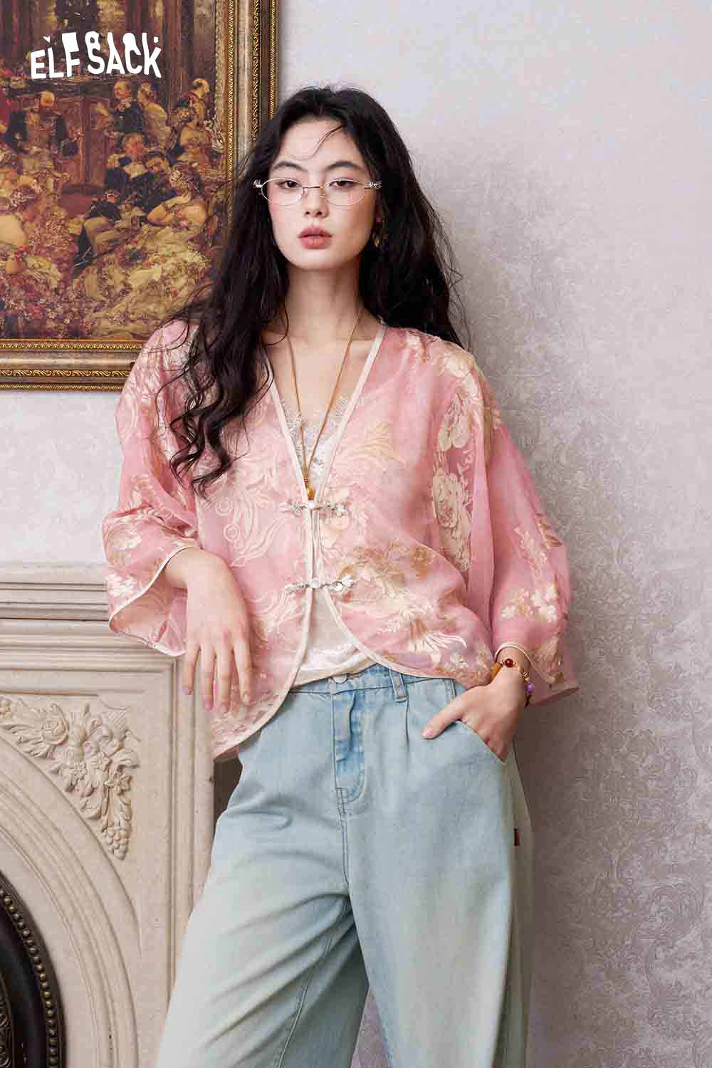 ELFSACK Pink Jacquard Chiffon Beaded Gothic Blouse