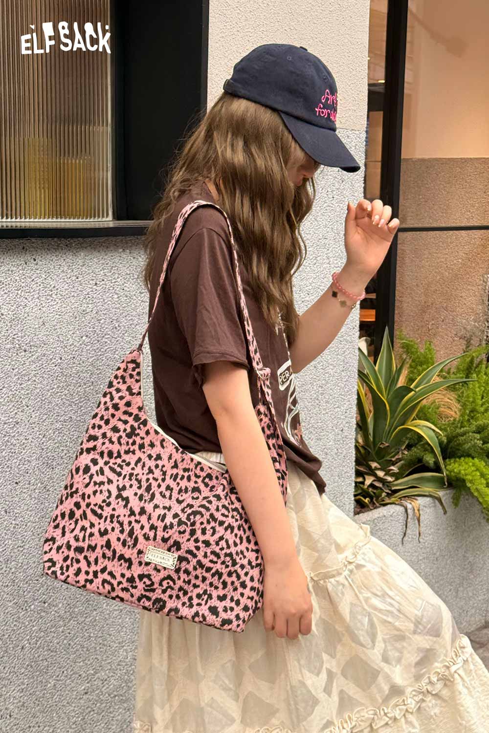 ELFSACK Pink Leopard Print Hobo Shoulder Bag