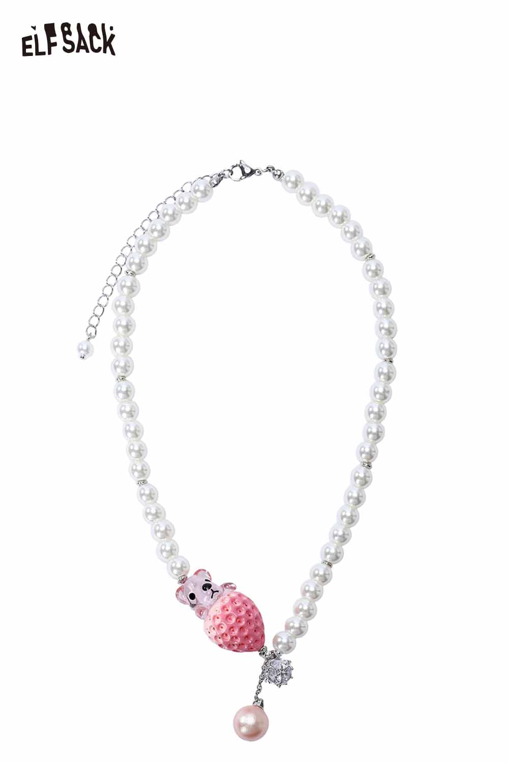 ELFSACK Pink Strawberry Pearl Droplet Necklace