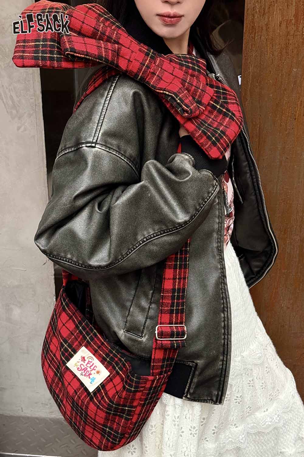 Stylish ELFSACK plaid bow crossbody bag paired with a matching plaid scarf for a trendy look