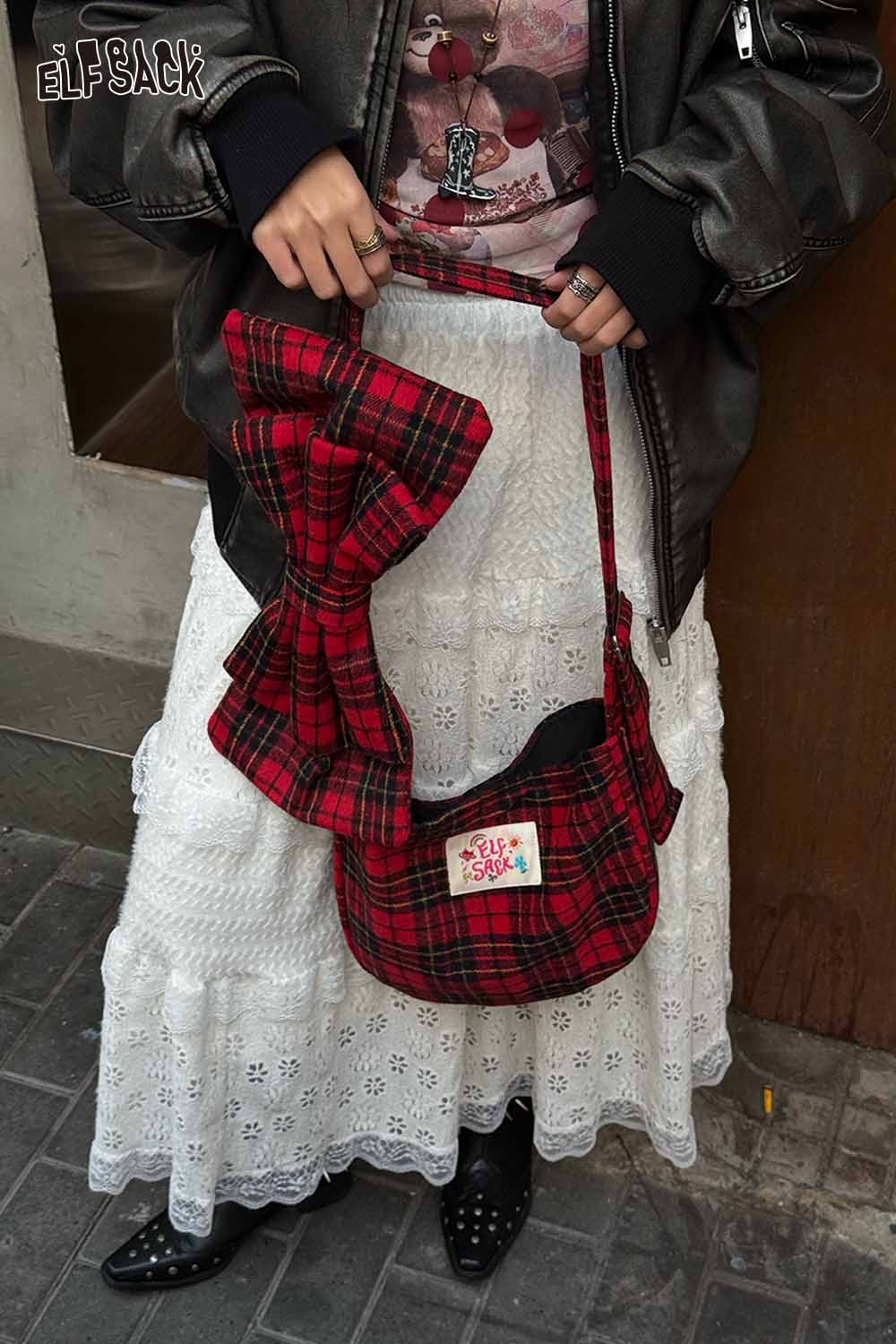 ELFSACK plaid bow crossbody bag styled with a layered white skirt and black jacket