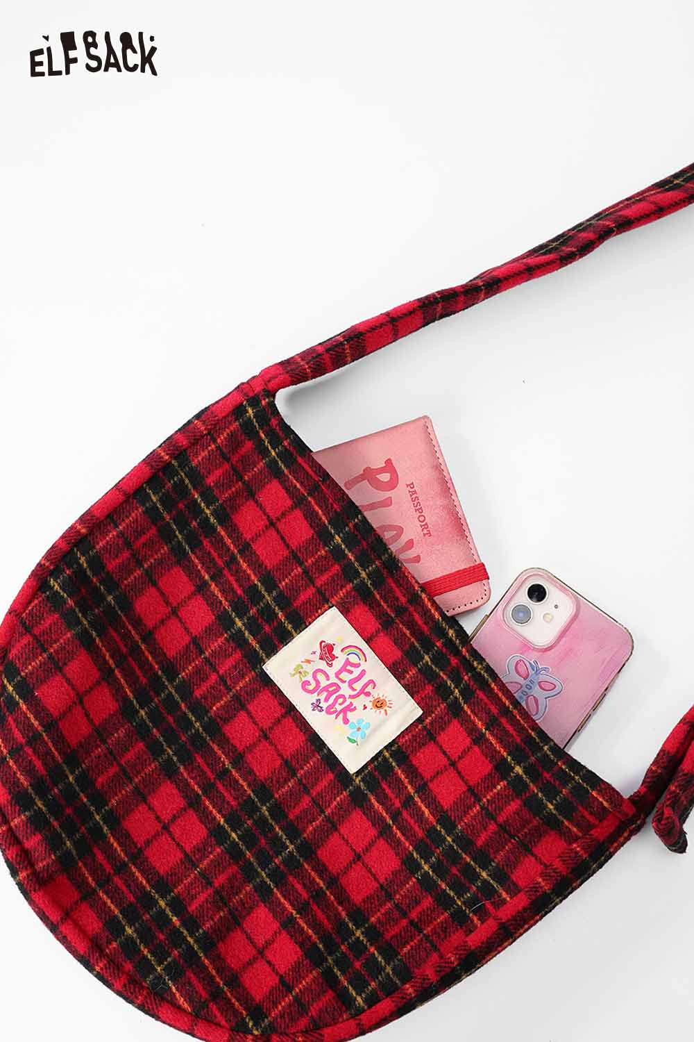 ELFSACK plaid bow crossbody bag featuring a red tartan pattern and spacious interior for essentials