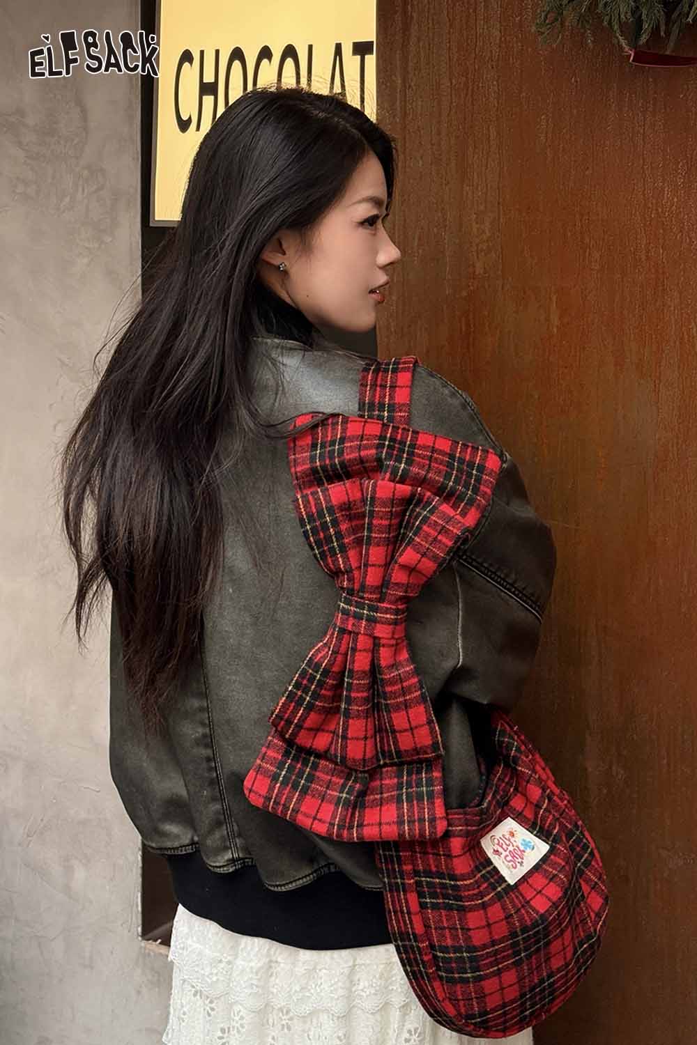 ELFSACK plaid bow crossbody bag in red with a stylish oversized bow, perfect for trendy outfits