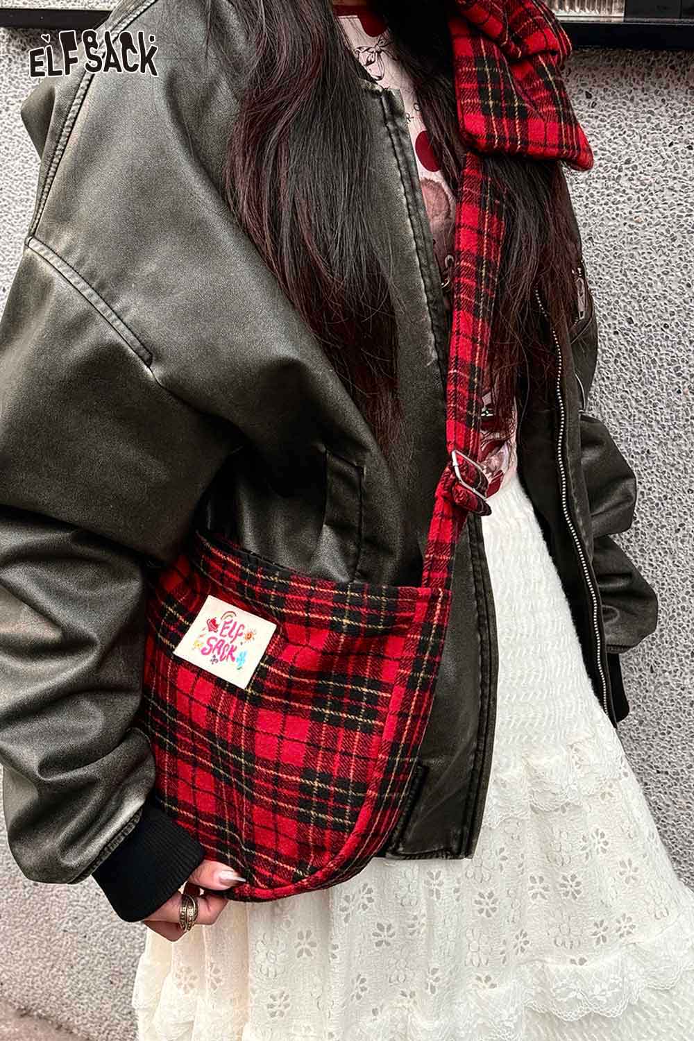 ELFSACK plaid bow crossbody bag in red and black, paired with stylish outerwear and a white dress