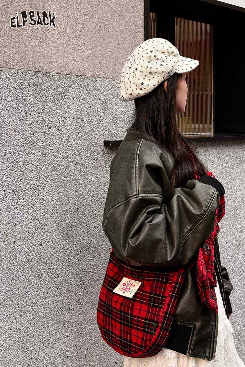 Fashionable ELFSACK plaid bow crossbody bag paired with a stylish oversized jacket