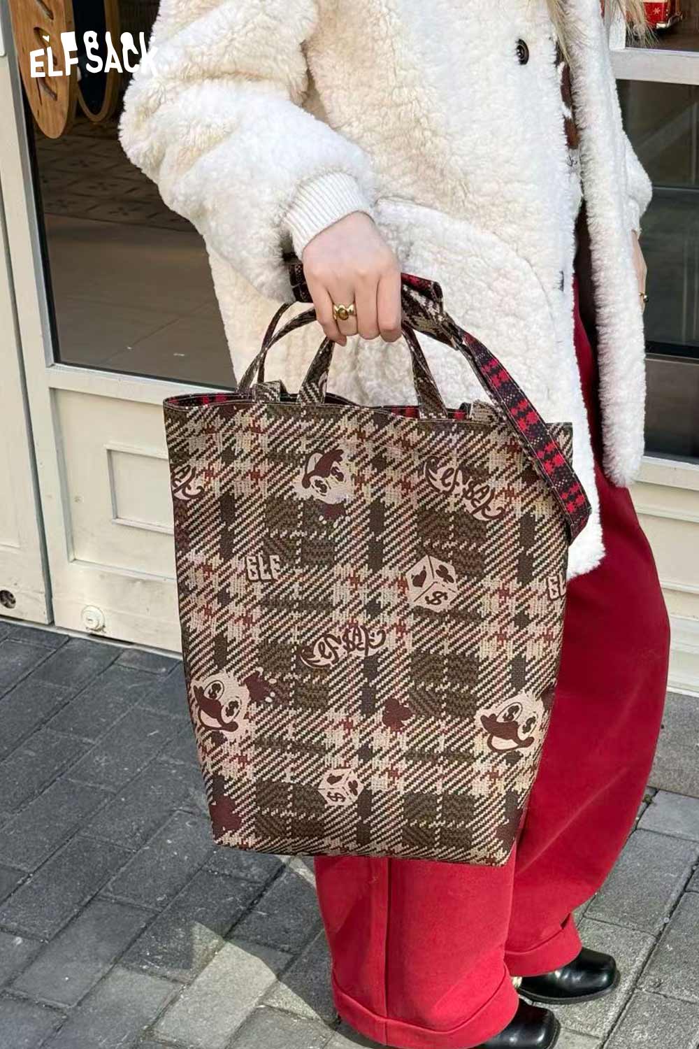 ELFSACK plaid cartoon crossbody bag featuring a stylish design with cute characters