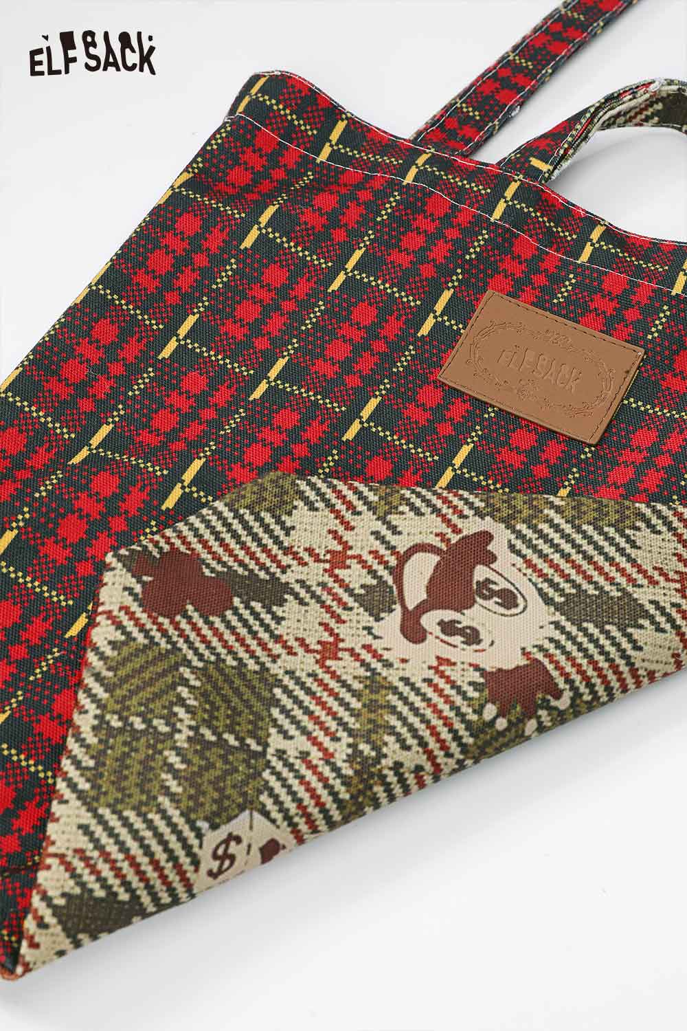 ELFSACK plaid cartoon crossbody bag with playful design in red and green patterns